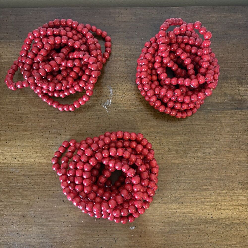 Vtg Wood Bead Garland Deep Cranberry Red Christmas Tree Strands 36 Feet Total